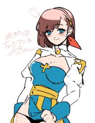 Rule 34 | 1girl, arch bishop (ragnarok online), black panties, blue dress, blue eyes, blush, breasts, brown hair, cleavage, cleavage cutout, closed mouth, clothes lift, clothing cutout, commentary request, cowboy shot, cross, datenshi no fu, dress, dress lift, hairband, heart, highres, juliet sleeves, lifting own clothes, long sleeves, looking at viewer, medium breasts, panties, puffy sleeves, ragnarok online, sash, short hair, simple background, smile, solo, translation request, two-tone dress, underwear, white background, white dress, yellow hairband, yellow sash