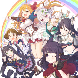 6+girls :d ;) ^_^ album_cover animal_ear_fluff animal_ears antenna_hair black_hair blunt_bangs blush bow breasts brown_hair cat_ears cat_girl cat_tail closed_eyes closed_mouth commentary_request copyright_name cover detached_sleeves dog_ears dog_girl double_bun elf fang fang_out fingerless_gloves flower frilled_skirt frills fur_collar gauntlets gloves gourmet_guild_(princess_connect!) green_eyes grey_hair hair_between_eyes hair_bun hair_flower hair_ornament highres jumping karyl_(princess_connect!) kasumi_(princess_connect!) kokkoro_(princess_connect!) long_hair looking_at_another looking_at_viewer maid maid_headdress multicolored_hair multiple_girls official_art one_eye_closed open_mouth orange_eyes orange_hair outstretched_arms parted_lips pecorine_(princess_connect!) pointy_ears princess_connect! puffy_sleeves purple_eyes rainbow see-through_clothes shiori_(princess_connect!) short_hair skirt smile split_mouth streaked_hair suzume_(princess_connect!) sweatdrop tail tiger_ears tiger_girl white_gloves white_hair