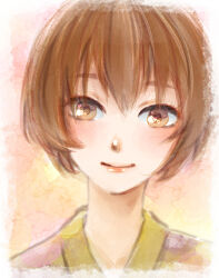1girl blush bob_cut bokujou_monogatari bokujou_monogatari:_mittsu_no_sato_no_taisetsuna_tomodachi border brown_eyes brown_hair closed_mouth double-parted_bangs hair_between_eyes japanese_clothes kimono komari_(bokujou_monogatari) looking_at_viewer portrait red_background salad726 short_hair smile solo watercolor_background watercolor_effect white_border yellow_background