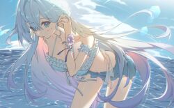 1girl bikini blue_eyes blue_hair breasts chyanu day hair_between_eyes highres honkai:_star_rail honkai_(series) long_hair looking_at_viewer navel ocean robin_(honkai:_star_rail) sky solo swimsuit very_long_hair water