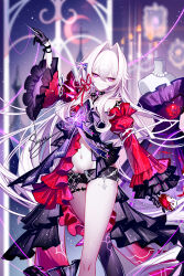 1girl artist_name black_bow black_choker black_gloves black_shorts blurry blurry_background bow candlestand choker cup drinking_glass feet_out_of_frame frilled_sleeves frills gloves groin hair_intakes highres holding holding_cup holding_sewing_needle honkai_(series) honkai_impact_3rd juliet_sleeves long_hair long_sleeves mannequin micro_shorts navel needle puffy_sleeves purple_eyes sewing_needle sheya shorts signature single_thighhigh solo standing thelema_nutriscu thigh_strap thighhighs very_long_hair white_hair wide_sleeves wine_glass