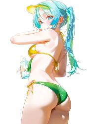 1girl aqua_eyes aqua_hair ass ass_focus back bare_shoulders bikini breasts closed_mouth emirisu from_behind green_bikini hair_between_eyes hatsune_miku highres long_hair looking_at_viewer looking_back lotion lotion_bottle median_furrow multicolored_bikini shoulder_blades side-tie_bikini_bottom side_ponytail sideboob solo standing swimsuit two-tone_bikini visor_cap vocaloid yellow_bikini