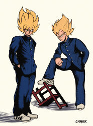 Rule 34 | 2boys, absurdres, blonde hair, blue jacket, blue pants, chakkrx, delinquent, dragon ball, dragon ball: sparking!, dragonball z, full body, grey background, hands in pockets, highres, jacket, male focus, medium hair, multiple boys, pants, school uniform, simple background, son goku, spiked hair, super saiyan, super saiyan 1, vegeta