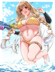 1girl :d absurdres barefoot bikini blue_sky blush braid breasts brown_hair cleavage cloud covered_erect_nipples day hair_between_eyes highres kantai_collection large_breasts long_hair minegumo_(kancolle) open_mouth outdoors shigatsu_(soratobuusagi) shirt sky smile solo swimsuit thigh_strap twin_braids underboob wading water_gun white_shirt yellow_bikini
