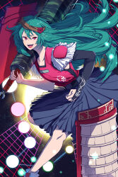 1other absurdres androgynous armor belt belt_buckle black_belt black_bridal_gauntlets black_shirt blue_hakama breastplate bridal_gauntlets brown_headband buckle circle_skirt clenched_hand club_(weapon) collarbone commentary_request danmaku dated epaulettes fangs feet_out_of_frame fighting_stance floating_hair green_hair hair_between_eyes hakama hakama_short_skirt hakama_skirt happy headband highres holding holding_club holding_weapon japanese_armor japanese_clothes jewelry knees kusazuri leaning_forward leg_up len&#039;en long_hair looking_at_viewer open_mouth other_focus over_shoulder red_eyes ring shirt signature single_bare_arm single_bridal_gauntlet skirt sleeveless sleeveless_shirt slit_pupils smile socks solo space sparkle taira_no_fumikado teeth upper_teeth_only very_long_hair weapon weapon_over_shoulder white_socks yoni.