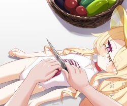 1girl animal_ears blonde_hair blue_archive chopping cutting_board empty_eyes eyes_visible_through_hair flat_chest flat_chest_joke food fox_ears glasses highres holding holding_knife kitchen_knife knife loli luizhtx lying no_mouth official_alternate_costume on_back one-piece_swimsuit pov pov_hands seia_(blue_archive) seia_(swimsuit)_(blue_archive) solo_focus sunglasses swimsuit thighs visor_cap white_one-piece_swimsuit