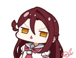 1girl :&lt; chibi chibi_only commentary d: grey_sailor_collar hair_between_eyes half_updo highres love_live! love_live!_sunshine!! neckerchief oofushi_ao open_mouth parted_bangs puffy_short_sleeves puffy_sleeves red_hair red_neckerchief sailor_collar sakurauchi_riko school_uniform serafuku short_sleeves signature simple_background single_hair_intake solo summer_uniform symbol-only_commentary triangle_mouth upper_body v-shaped_eyebrows white_background yellow_eyes