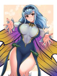 1girl absurdres alternate_costume blue_hair breasts brown_eyes butterfly_wings fairy fairy_wings fire_emblem fire_emblem:_three_houses fire_emblem_heroes fire_emblem_warriors:_three_hopes hayato_stuff highres insect_wings large_breasts marianne_von_edmund nintendo official_alternate_hairstyle shiny_clothes solo wings
