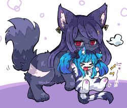&gt;_&lt; 2girls amemiya_darumi animal_ears black_bow black_hair blue_hair bow cat cat_ears cat_tail closed_eyes collar earrings female_focus full_body glasses hair_between_eyes heart jewelry long_hair multicolored_hair multiple_girls open_mouth purple_background purple_eyes red_eyes safety_pin shizuhara_hiruko simple_background standing tail the_hundred_line_-last_defense_academy- tongue tongue_out twintails white_background