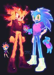 1girl 3boys animal_ears animal_nose argyle_clothes argyle_footwear artist_name black_background blush boots clenched_hands closed_eyes commentary crossover crying dated dress elemental_(movie) ember_(elemental) english_commentary fire full_body furry furry_male green_eyes hand_on_own_hip hedgehog_boy highres jacket long_sleeves looking_at_viewer multiple_boys multiple_views open_mouth pink_boots pink_jacket pink_shirt purple_dress purple_shirt red_eyes shadow_the_hedgehog sharp_teeth shirt short_sleeves simple_background smile sonic_(series) sonic_the_hedgehog standing t-shirt tail teeth two-tone_shirt usheriiu wade_(elemental) water yellow_boots