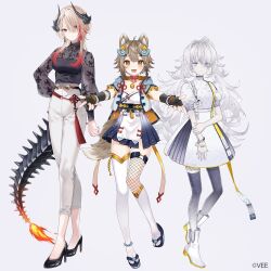 3girls ameniwa_yae animal_ears asymmetrical_legwear dog_ears dragon_girl dragon_horns dragon_tail dress full_body geppaku_lui horns kokuyou_lira light_brown_hair mismatched_legwear multicolored_hair multiple_girls nozomi_fuuten open_mouth red_hair short_sleeves smile tail vee_(vtuber) virtual_youtuber white_dress white_hair