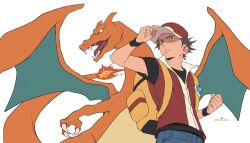 1boy 55oshimechan backpack bag black_shirt brown_hair charizard claws clenched_hand closed_mouth fire flame-tipped_tail from_below frown gen_1_pokemon hand_on_headwear hat highres male_focus nintendo pants pokemon pokemon_(creature) pokemon_frlg red_(pokemon) red_hat red_vest shirt short_hair short_sleeves simple_background t-shirt tail twitter_username vest vs_seeker white_background yellow_bag