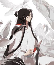 1boy adam&#039;s_apple animal arms_at_sides bird bishounen black_theme brown_hair brown_theme chinese_clothes closed_mouth collarbone_peek crane_(animal) curtained_hair dang_t earrings eyelashes fingernails hair_bun hair_flowing_over hair_ribbon hand_up hanfu happy highres jewelry limited_palette long_hair long_sidelocks looking_afar male_focus parted_bangs pearl_earrings profile red-crowned_crane ribbon sidelocks simple_background single_hair_bun smile straight_hair tareme thick_eyebrows tianguan_cifu very_long_hair white_background white_hanfu white_ribbon white_theme wide_sleeves wispy_bangs xie_lian yellow_eyes