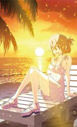 1girl bare_shoulders beach blush breasts brown_hair chair cleavage collarbone dress feet folded_ponytail hata_kenjirou hayate_no_gotoku! highres large_breasts legs looking_at_viewer lounge_chair maria_(hayate_no_gotoku!) ocean palm_tree red_eyes sandals sitting sky sleeveless sleeveless_dress solo sun sunlight sunset thighs toes tree