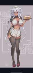 1girl apron black_dress bow breasts center_opening cleavage closed_mouth dark-skinned_female dark_skin dated dress food full_body grey_thighhighs highres kantai_collection long_hair maid_headdress mashiro_yukiya musashi_(kancolle) navel red_bow red_shoes shoes signature smile solo steamed_bun thighhighs waist_apron white_hair