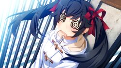 1girl @_@ antenna_hair black_hair blush coat day duffel_coat dutch_angle fang game_cg gate grisaia_(series) grisaia_no_meikyuu hair_ribbon hood hood_down hooded_coat long_hair matsushima_michiru non-web_source open_mouth outdoors red_ribbon ribbon shirt solo sweat toggles turtleneck turtleneck_shirt twintails upper_body watanabe_akio white_coat white_shirt