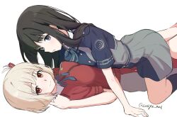 2girls black_hair black_socks blonde_hair blue_dress blue_ribbon breast_press casyu_nut closed_mouth commentary dress green_ribbon hair_ribbon highres inoue_takina kneehighs long_hair looking_at_viewer lycoris_recoil lycoris_uniform multiple_girls neck_ribbon nishikigi_chisato parted_lips purple_eyes red_dress red_eyes red_ribbon ribbon short_sleeves simple_background socks straddling symmetrical_docking white_background yuri