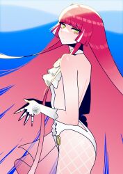 1girl absurdres ascot asymmetrical_one-piece_swimsuit bare_back bare_shoulders blunt_bangs calypso_(last_origin) clawed_gauntlets dc_(makezzal) fishnet_pantyhose fishnets flat_chest flower frills from_side gradient_hair green_eyes highres last_origin long_hair looking_at_viewer multicolored_hair pantyhose red_hair simple_background stopwatch two-tone_hair very_long_hair watch white_hair