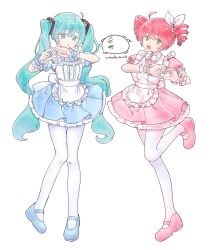 2girls :o absurdres ahoge apron blue_dress blue_eyes blue_hair blue_shoes blue_wrist_cuffs bow commentary_request dress drill_hair frilled_apron frilled_wrist_cuffs frills hair_between_eyes hair_bow hair_ribbon hatsune_miku heart heart_hands highres kasane_teto kasane_teto_(sv) korean_commentary layered_dress long_hair mary_janes multiple_girls open_mouth pink_dress pink_shoes pink_wrist_cuffs red_hair ribbon shoes smile synthesizer_v thighhighs twin_drills twintails utau very_long_hair vocaloid wandu_mook white_apron white_background white_bow white_ribbon white_thighhighs white_wrist_cuffs wrist_cuffs