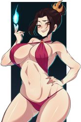 1girl avatar:_the_last_airbender avatar_legends azula bikini black_hair blue_fire breasts commentary commission cowboy_shot element_bending english_commentary fire hair_bun hair_ornament hand_on_own_hip highres large_breasts looking_at_viewer navel o-ring o-ring_bikini pyrokinesis single_hair_bun solo swimsuit tongue tongue_out topknot yoshiikirablr