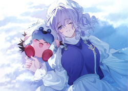 1girl apron commentary_request crossover enoki_3106 grin hat highres kirby kirby_(series) lapel_pin letty_whiterock long_sleeves lying nintendo on_back one_eye_closed open_mouth purple_eyes purple_hair purple_vest shirt short_hair signature smile snow touhou vest waist_apron white_apron white_hat white_shirt