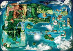 beach bridge building city cloud cool_colored crater desert forest highres hoenn_map in-universe_location kawaguchi_youhei lava map mountain nature nintendo no_humans ocean official_art pokemon pokemon_oras rock smoke space_shuttle spacecraft storm third-party_source tree volcano water waterfall