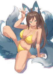 1girl absurdres animal_ear_fluff animal_ears arukiru bikini black_nails breasts brown_hair closed_mouth collarbone commission feet fox_ears fox_girl fox_tail full_body green_eyes highres large_breasts long_hair multiple_tails navel original sitting skeb_commission smile solo swimsuit tail