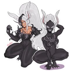 1girl absurdres animal_ears animal_print boku_no_hero_academia breasts cameltoe claws dark-skinned_female dark_skin ettso highres large_breasts long_eyelashes long_hair looking_at_viewer mirko muscular muscular_female parted_bangs ponytail rabbit_ears rabbit_girl red_eyes sharp_teeth spider_print spread_legs symbiote teeth thick_thighs thighs venom_(marvel) white_hair