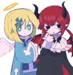 2girls angel angel_wings averting_eyes bat_wings black_dress black_eyes blonde_hair blue_robe bob_cut capelet chelan_(funamusea) commentary_request cowboy_shot cross_hair_ornament demon_girl demon_horns dialo_(funamusea) double-parted_bangs dress frilled_capelet frills funamusea green_eyes haiiro_teien hair_ornament halo highres horns long_hair medium_hair multiple_girls pipiikki red_hair robe simple_background smile twintails white_background wide_sleeves wings yellow_halo