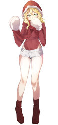 1girl absurdres blonde_hair covered_mouth full_body green_eyes hands_up hat highres hoshii_miki idolmaster idolmaster_(classic) katsu_(kana) long_sleeves mittens red_hat red_scarf red_socks red_sweater ribbed_sweater santa_costume santa_hat scarf short_shorts shorts simple_background socks solo standing sweater white_background white_mittens white_shorts