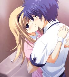 1boy 1girl armband bathroom blue_hair blush brother_and_sister brown_eyes buttons chaos;head chaos;head_love_chu_chu! collared_shirt couple eye_contact fingernails game_cg height_difference highres hug imminent_kiss incest long_hair long_sidelocks looking_at_another matsuo_yukihiro messy_hair narrowed_eyes nishijou_nanami nishijou_takumi non-web_source official_art open_mouth pants pink_lips pink_shirt plaid_clothes plaid_pants polo_shirt purple_eyes purple_pants purple_sleeves school_uniform shiny_lips shiny_skin shirt short_hair short_sleeves siblings sidelocks sportswear standing suimei_school_uniform suimei_summer_uniform tennis_uniform toilet tongue white_shirt
