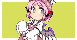 1girl animal_ears bird_ears bird_girl bird_wings blush border bow bowtie bright_pupils brown_dress brown_hat collared_shirt commentary dress earrings frilled_sleeves frills green_background grey_outline hand_up hat ini_(inunabe00) jewelry long_sleeves looking_at_viewer mystia_lorelei open_mouth outline outside_border pink_hair shirt short_hair simple_background single_earring sleeve_garter sleeves_past_fingers sleeves_past_wrists solo touhou upper_body white_border white_bow white_bowtie white_outline white_pupils white_shirt winged_hat wings