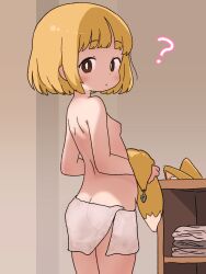 1girl ? absurdres anal_beads anal_tail animal_ears ass blonde_hair blush breasts brown_eyes butt_crack butt_plug fake_animal_ears fake_tail fox_ears fox_tail from_behind highres indoors irohiza loli looking_back naked_towel nipples original see-through_towel sex_toy short_hair sideboob small_breasts solo tail thighs topless_female towel unworn_fake_animal_ears
