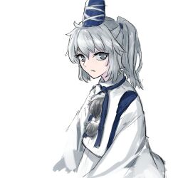 Rule 34 | 1girl, blue bow, blue bowtie, blue hat, bow, bowtie, commentary request, expressionless, grey eyes, hat, high ponytail, japanese clothes, kariginu, looking at viewer, medium hair, mononobe no futo, open mouth, pom pom (clothes), ponytail, ritsuzou, robe, simple background, solo, tate eboshi, touhou, upper body, white background, white robe