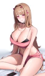 1girl absurdres alternate_costume bandeau bare_arms blush bodam breasts brown_hair cleavage collarbone commentary goddess_of_victory:_nikke hair_intakes hand_on_own_ankle highres horns large_breasts looking_at_viewer mask mask_lift midriff mole mole_under_eye mouth_mask navel phone pink_bandeau pink_horns pink_shorts pink_tube_top shiny_skin short_shorts shorts simple_background sitting solo strapless thighs tube_top viper_(nikke) white_background white_mask