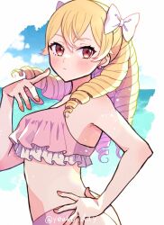 1girl alternate_costume bare_shoulders bikini blonde_hair blush bow breasts closed_mouth commentary_request drill_hair fire_emblem fire_emblem_awakening frilled_bikini frills gogatsu_(yeaholiday) hair_bow hair_ornament long_hair looking_at_viewer maribelle_(fire_emblem) medium_breasts nintendo ocean pink_bikini red_eyes ringlets solo swimsuit