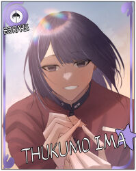 blush closed_mouth earrings eyebrows eyelashes fingernails holding_hands jewelry long_hair looking_at_viewer purple_eyes purple_hair sky the_hundred_line_-last_defense_academy- tsukumo_ima tsukumo_kako upper_body