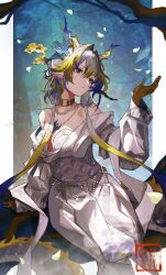 1girl ambience_synesthesia aqua_eyes arknights bare_shoulders blonde_hair blue_eyes book breasts collar dragon_horns dress eastern_dragon_tail eyeshadow feet_out_of_frame gloves grey_hair hair_between_eyes hair_ornament hand_up highres horns long_hair long_sleeves makeup multicolored_hair off_shoulder parted_lips pointy_ears red_eyeshadow shu_(arknights) shu_(bingwenyuyou)_(arknights) sitting so_gudeman solo streaked_hair white_dress