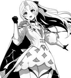 1girl armor azur_lane azur_lane:_slow_ahead black_gloves blush cape choker clenched_hand collarbone commentary_request forehead gloves greyscale hair_ribbon hori_(hori_no_su) long_hair long_sleeves monochrome official_art open_mouth ribbon shirt shorts shoulder_armor sidelocks simple_background skirt smile solo standing sweatdrop vanguard_(azur_lane) white_background