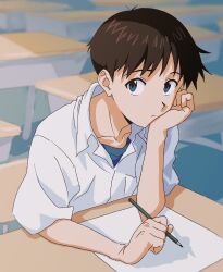 1boy absurdres blue_eyes blue_shirt breast_pocket brown_hair classroom closed_mouth collared_shirt crew_neck desk elbow_rest head_rest highres holding holding_pencil ikari_shinji indoors kura_rart looking_to_the_side male_focus neon_genesis_evangelion open_collar paper pencil pocket school_desk school_uniform shirt short_sleeves sideways_glance sitting solo tokyo-3_middle_school_uniform white_shirt