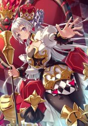 1girl absurdres black_pantyhose blush breasts closed_mouth crown dress duel_monster earrings frilled_dress frilled_sleeves frills heart heart_earrings highres holding holding_scepter jewelry kanzakietc large_breasts long_hair long_sleeves maliss_&lt;q&gt;_hearts_crypter pantyhose scepter solo white_eyes white_hair yu-gi-oh!