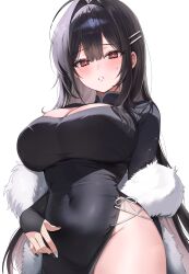 1girl absurdres black_dress black_hair breasts bright_pupils china_dress chinese_clothes cleavage colored_inner_hair commentary_request commission covered_navel cowboy_shot dress feather_boa hair_ornament hairclip highres impossible_clothes impossible_dress korean_commentary large_breasts long_hair long_sleeves looking_at_viewer multicolored_hair nail_polish no_panties original parted_lips red_eyes rie_(mirae_yang) sansa_(fresh_udon_noodles) side_slit simple_background solo sweatdrop very_long_hair white_background