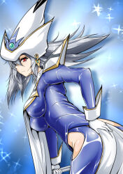 1girl absurdres ass blue_dress breasts dress duel_monster gloves grey_hair hair_over_one_eye hat highres hip_vent long_hair purple_eyes sangyou_haikibutsu_a silent_magician smile tabard white_gloves white_hat white_tabard wizard_hat yu-gi-oh!