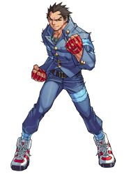 Rule 34 | 1boy, ankle wrap, belt, blue pants, clenched hands, edaki shin&#039;ya, fingerless gloves, gakuran, game cg, gloves, highres, ichimonji batsu, justice gakuen, leg wrap, legs apart, male focus, moero! justice gakuen, non-web source, official art, pants, red gloves, scar, scar on face, scar on forehead, school uniform, shoes, simple background, smile, sneakers, solo, standing, veins, veiny hands, white background