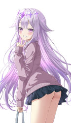 1girl :d absurdres ass bag blue_skirt blush cardigan circlet collared_shirt colored_inner_hair gem grey_hair hair_flaps highres holding holding_bag hololive hololive_english koseki_bijou miniskirt multicolored_hair open_mouth paradox_(hatto_air) pink_cardigan purple_eyes purple_gemstone purple_hair shirt sidelocks skirt smile solo v virtual_youtuber white_background white_bag white_shirt