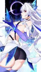1girl absurdres artist_request ass bare_shoulders blue_hair breasts crystal crystal_shards elbow_gloves from_behind genshin_impact gloves hair_ornament highres long_hair looking_at_viewer looking_to_the_side multicolored_hair red_eyes short_shorts shorts sideboob skindentation skirk_(genshin_impact) solo thick_thighs thighhighs thighs very_long_hair white_hair