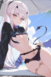 1girl absurdres beach beach_umbrella bikini black_bikini black_jacket blue_sky blush breasts cropped_jacket dragon_wings fate/grand_order fate_(series) forked_eyebrows high_ponytail highres jacket jewelry long_hair long_sleeves looking_at_viewer melusine_(fate) melusine_(swimsuit_ruler)_(fate) melusine_(swimsuit_ruler)_(first_ascension)_(fate) navel ponytail shrug_(clothing) sidelocks sky small_breasts solo stomach_tattoo swimsuit szkure. tail tattoo thighlet thighs umbrella white_hair wings yellow_eyes