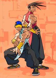 2boys back-to-back baggy_pants baseball_cap braid bridal_gauntlets brothers brown_hair chinese_clothes fighting_stance game_cg hat highres male_focus multiple_boys muscular nishimura_kinu non-web_source official_art pants shoes siblings single_braid sleeveless sneakers street_fighter street_fighter_iii_(series) twins yang_lee yun_lee