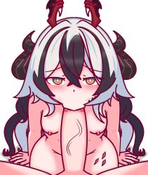 1boy 1girl :&gt;= black_hair black_horns blush completely_nude coralie_6626_planck crossed_bangs curly_hair dragon_girl dragon_horns dragon_wings fellatio flat_chest from_above hair_between_eyes head_wings hetero highres honkai_(series) honkai_impact_3rd horns just_the_tip loli long_hair looking_at_viewer multicolored_hair nipples nude oral orange_eyes penis pov pov_crotch shadow sidelocks simple_background sitting spikes spread_legs streaked_hair striped_horns textless_version thatpervtako two-tone_hair very_long_hair white_background white_hair wings