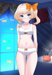 1girl absurdres belly blue_eyes blush blush_stickers bow bow_panties bra breasts closed_mouth commission crab crotch_seam fish goldfish highres indoors knee_up knees_up looking_at_viewer marimari_(vtuber) navel panties phase_connect pussy ribbon small_breasts smile standing underwear virtual_youtuber white_bra white_panties